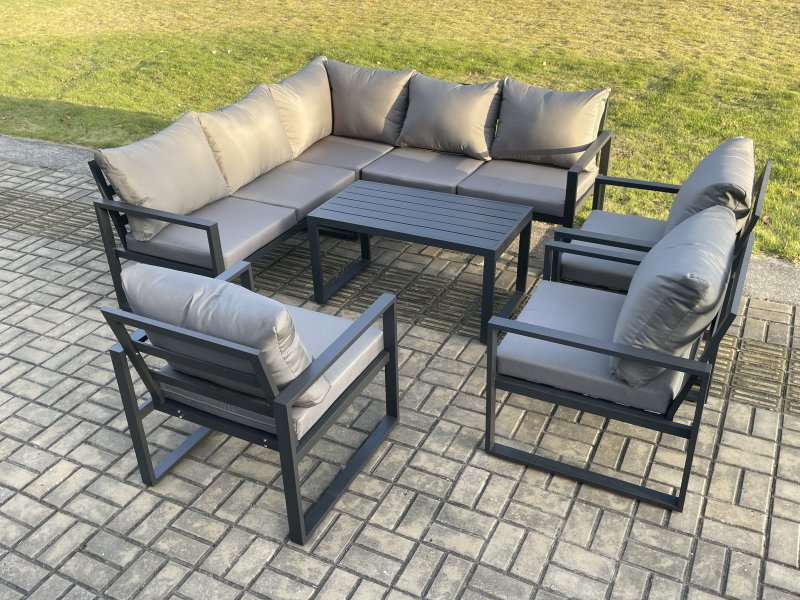Fimous 8 Seater Aluminium Outdoor Garden Furniture Set Patio Lounge Sofa with Oblong Coffee Table Chair Dark Grey