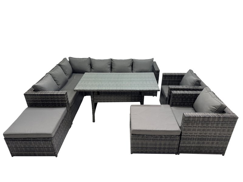Fimous Outdoor PE Rattan Sofa Set with Dining Table Patio Garden Furniture Sets with 2 Big Stool Dark Grey Mixed