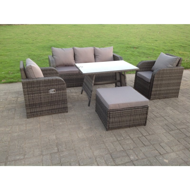 Fimous PE Rattan Garden Furniture Set Adjustable Chair Sofa Lounge 3 Seater Sofa Oblong Rectangular Dining Table Footstool