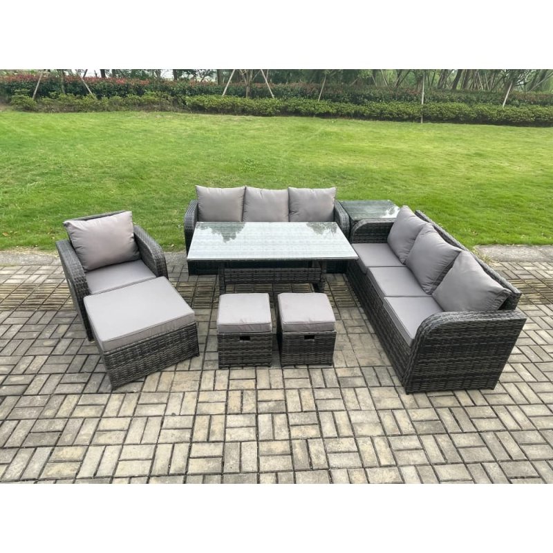 Fimous 10 Seater Outdoor Rattan Garden Furniture Set Oblong Rectangular Dining Table and Chairs Set with 3 Seater Sofa 3PC Footstools Side Table Dark Grey Mixed