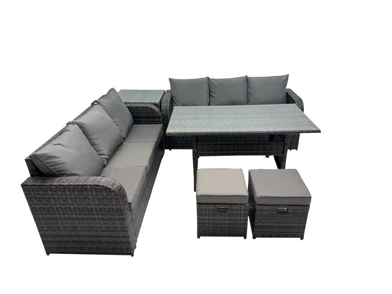 Fimous 8 Seat Outdoor Wicker PE Rattan Garden Furniture Set Dining Table Sofa Set with Side Table 2 Small Stools Dark Grey Mixed