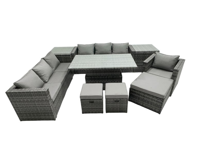 Fimous PE Rattan Garden Furniture Set Lounge Sofa Rising Dining Table Set with 2 Side Tables 3 Footstool Dark Grey Mixed