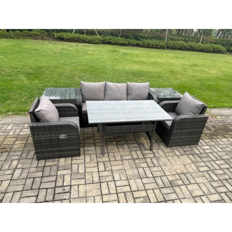 Fimous Wicker PE Rattan Garden Furniture Set Outdoor Rectangular Dining Table and Chair Sofa Set With 2 PC Side Table Dark Grey Mixed
