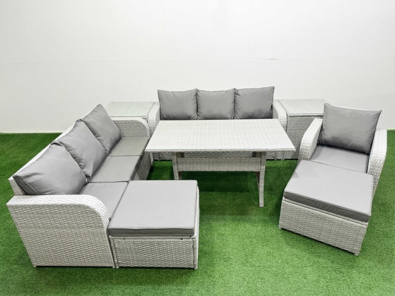 Fimous 9 Seater Poly Rattan Outdoor Garden Furniture Rectangular Dining Table Sofa Set Patio 3 Seater Sofa Reclining Chair 3 Seater Sofa 2 Big Footstools 2 Side Table Light Grey
