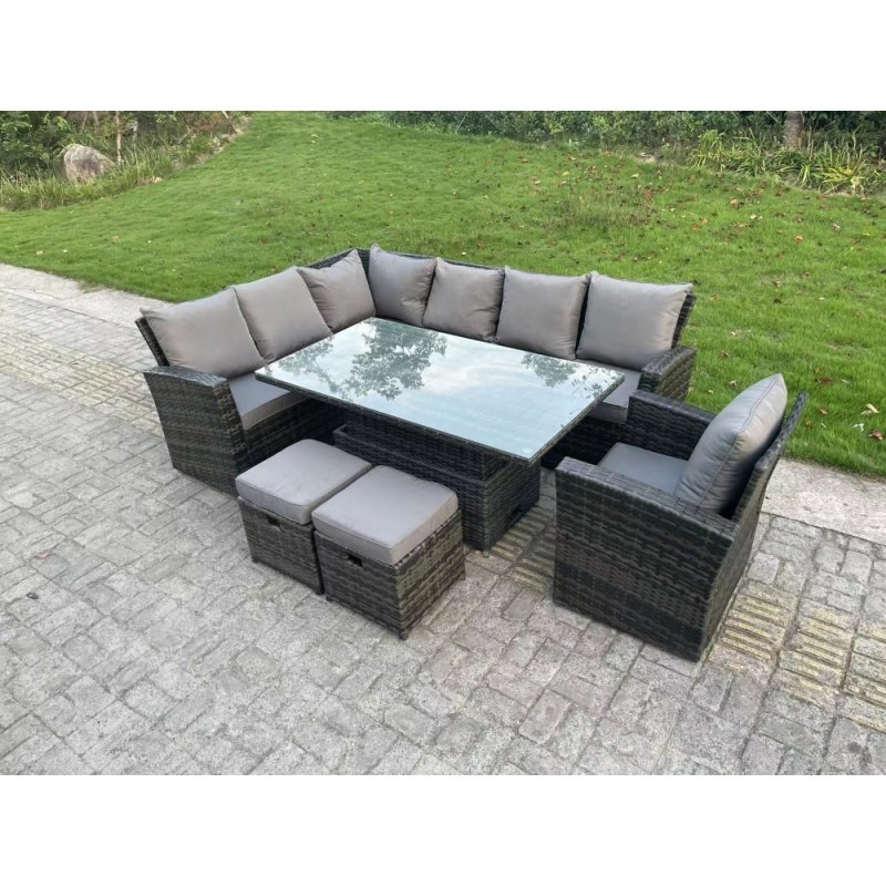 Fimous High Back Rattan Garden Furniture Corner Sofa Sets Adjustable Rising Table Dark Mixed Grey 9 seater left corner