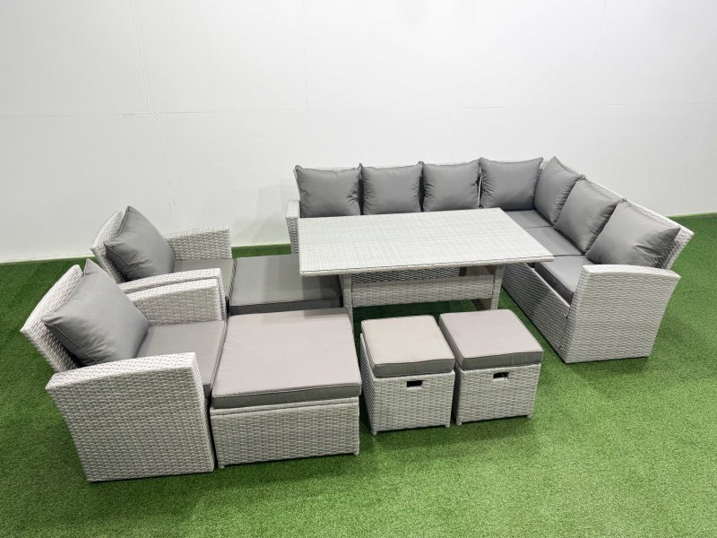 Fimous Rattan Garden Furniture Set Outdoor 12 Seater Patio Dining Corner Sofa Sets with Dining Table Chair 4 Footstools Light Grey Mixed