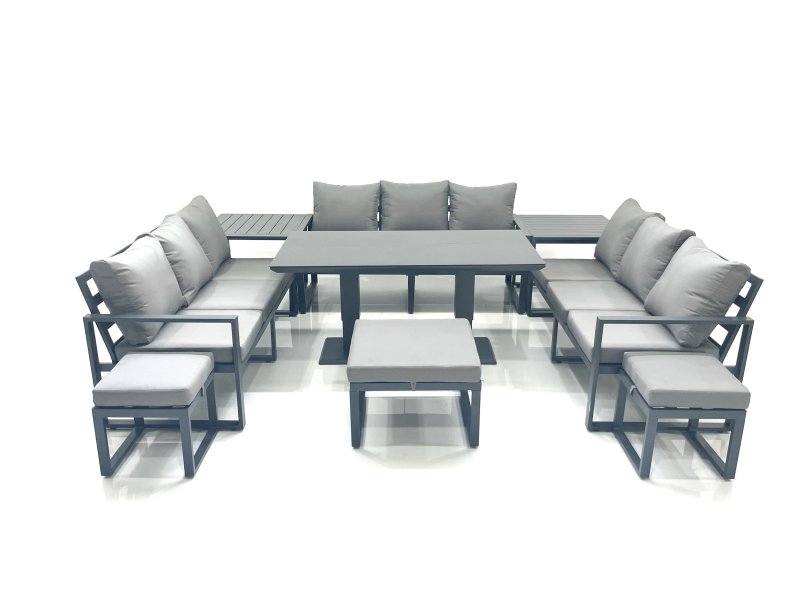 Fimous 12 Seater Garden Sofa Set Aluminium Furniture Rising Dining Tabe Set with 2 Side Tables 3 Footstools Dark Grey