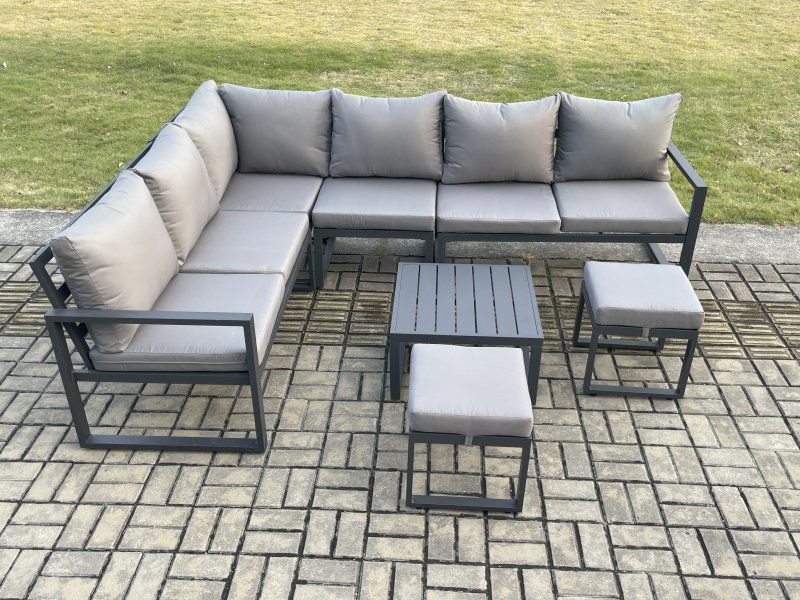 Fimous 8 Seater Aluminium Garden Furniture Set Outdoor Lounge Corner Sofa Square Coffee Table Sets with 2 Small Footstools Dark Grey