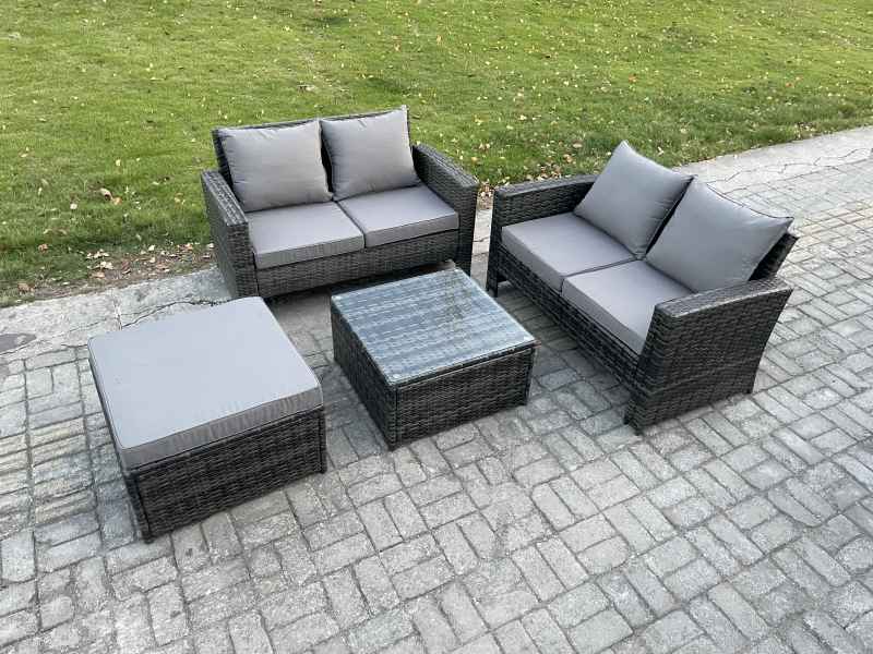 Fimous Rattan Garden Furniture Set 4 piece Patio Rattan Furniture Sofa Weaving Wicker includes 2 Double Seat Sofa, Coffee Table and Big Footstool