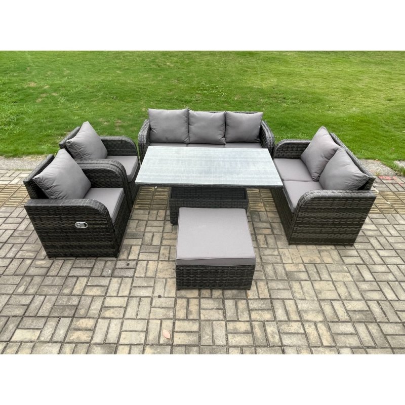 Fimous Rattan Outdoor Garden Furniture Sets Height Adjustable Rising lifting Dining Table Reclining Chair Sofa Set with Big Footstool Dark Grey Mixed