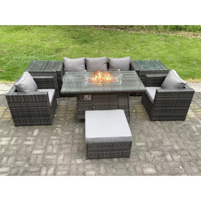 Fimous 6 Seater Outdoor PE Rattan Garden Furniture Set Gas Fire Pit Dining Table Gas Heater Burner With 2 Armchairs 2 Side Tables Big Footstool Dark Grey Mixed