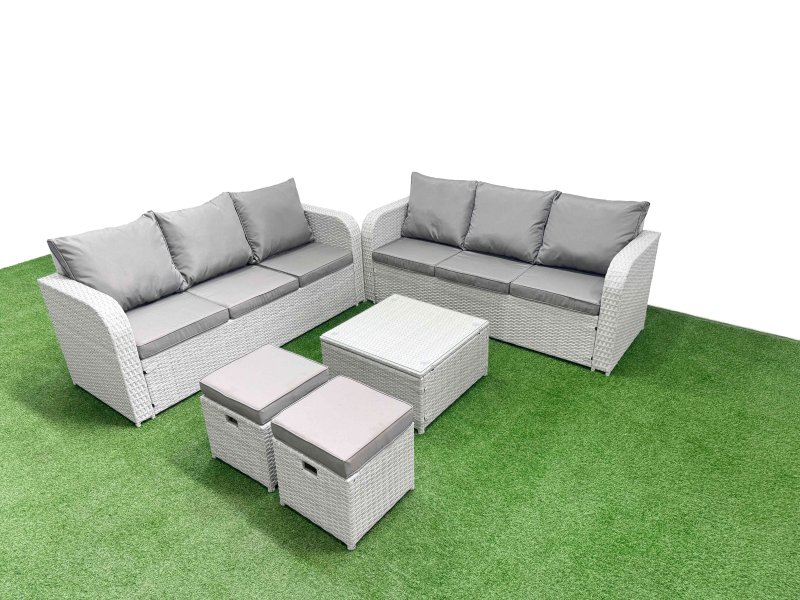 Fimous Outdoor Garden Furniture Sets 8 Seater Wicker Rattan Furniture Sofa Sets with Square Coffee Table high Back Lounge Sofa Stools Light Grey