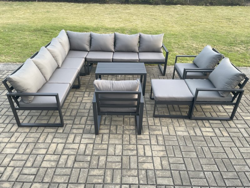 Fimous Aluminium Patio Outdoor Garden Furniture Lounge Corner Sofa Set with Oblong Coffee Table Big Footstool 3 Chair Dark Grey