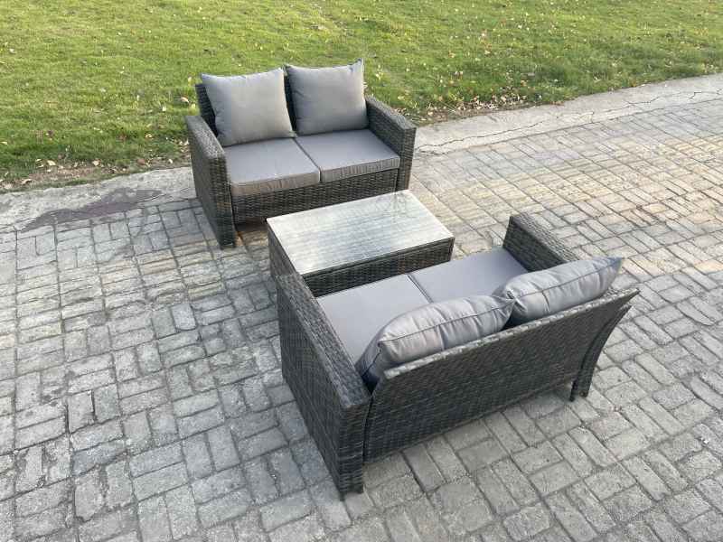 Fimous Wicker Rattan Garden Furniture Sofa Set with Rectangular Coffee Table Double Seat Sofa 4 Seater Outdoor Rattan Set Dark Grey Mixed