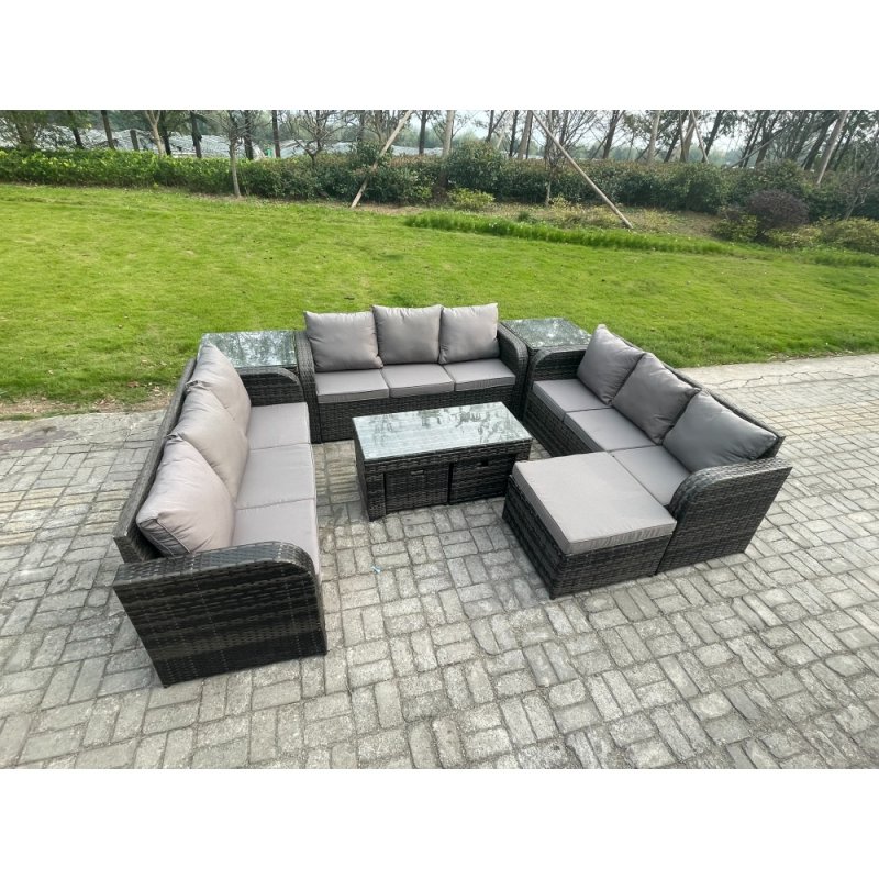 Fimous Rattan Garden Furniture Set 12 Seater Indoor Outdoor Patio Sofa Set with Coffee Table 3 Footstools 2 Side Tables Dark Grey Mixed