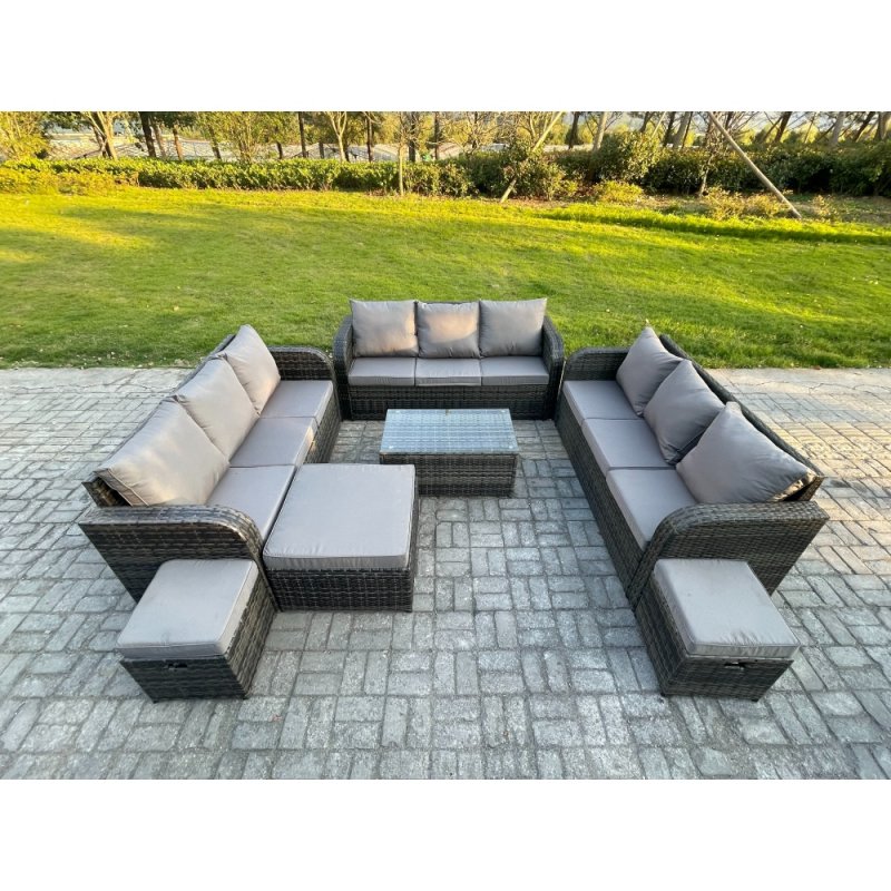 Fimous Rattan Lounge Sofa Set 12 Seater Outdoor Garden Furniture Set with Rectangular Coffee Table 3 Seater Sofa 3 Footstools Dark Grey Mixed