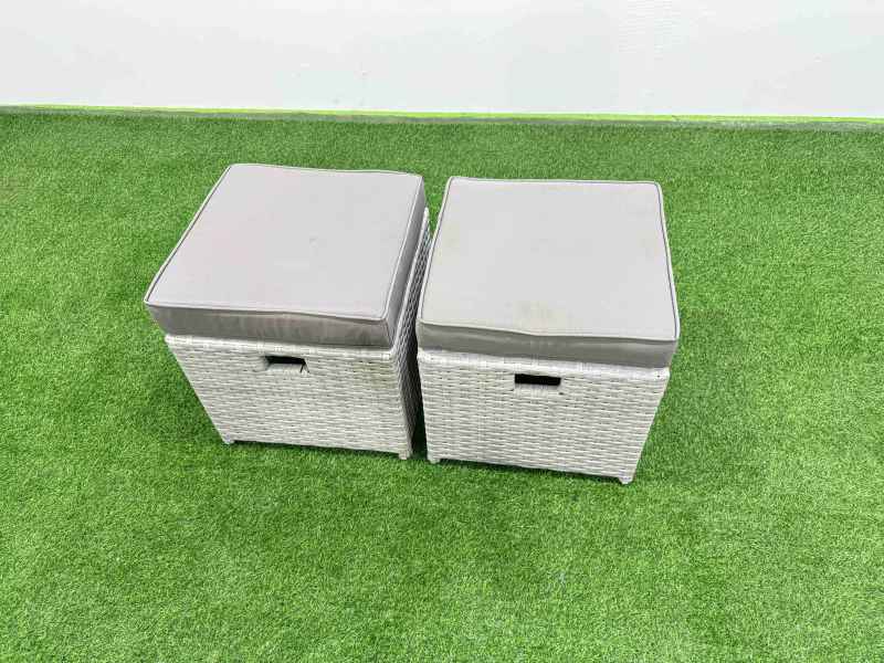 Fimous Patio Outdoor Garden Furniture Sets with Black Glass Top Dining Table 3 Seater Sofa 2 Side Tables 2 Small Stool Light Grey