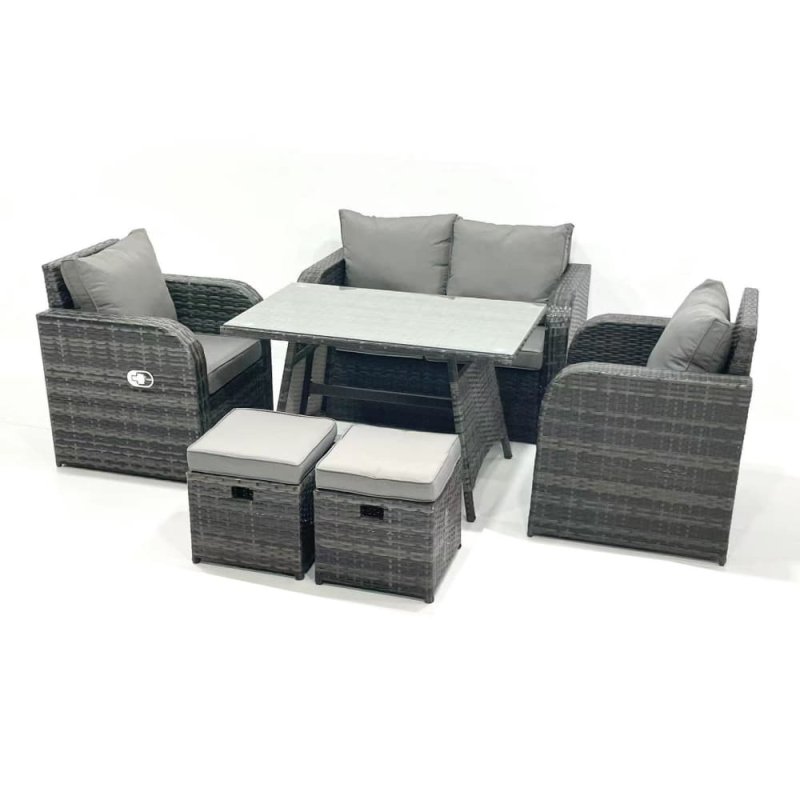 Fimous Outdoor Garden Furniture Set Rattan Sofa Dining Table Set with Reclining Chair 2 Small Footstool Dark Grey Mixed