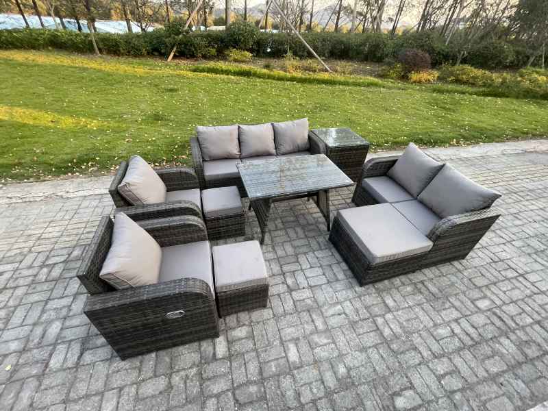 Fimous Outdoor Rattan Garden Furniture Set 10 Seater Patio Lounge Sofa Set with Dining Table 3 Footstools Side Table Dark Grey Mixed