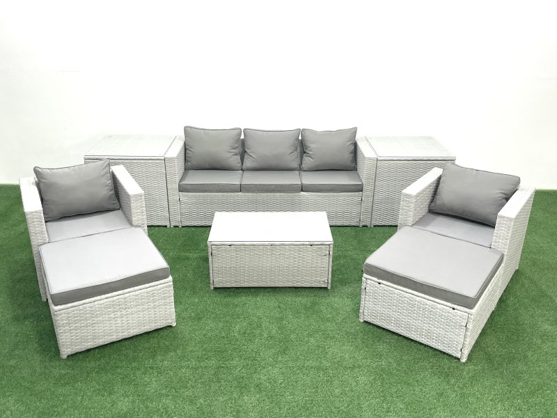 Fimous Rattan Garden Furniture Set with 3 Seater Sofa 2 Chair Rectangular Coffee Table 2 Big Footstools 2 Side Tables Light Grey Mixed 7 Seater
