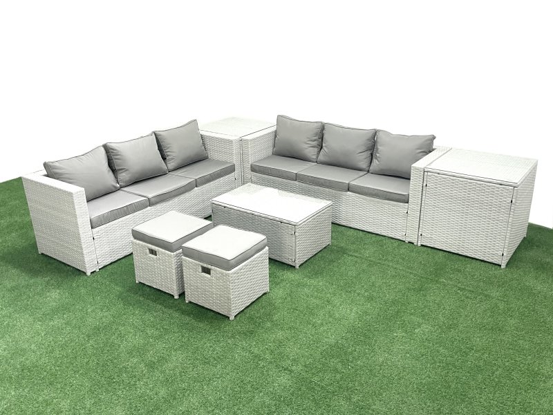 Fimous Garden Outdoor PE Rattan Furniture Set 8 Seater Rattan Garden Sofa Set with 2 Small Footstool 2 Side Tables Light Grey Mixed