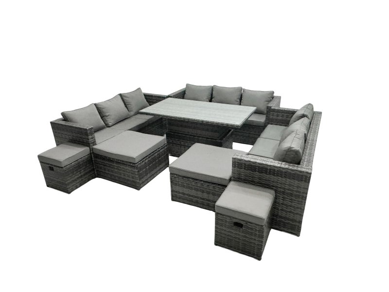 Fimous Rattan Dining Table Sofa Set with 4 Stools Outdoor 13 Seat Garden Furniture Set Dark Grey Mixed