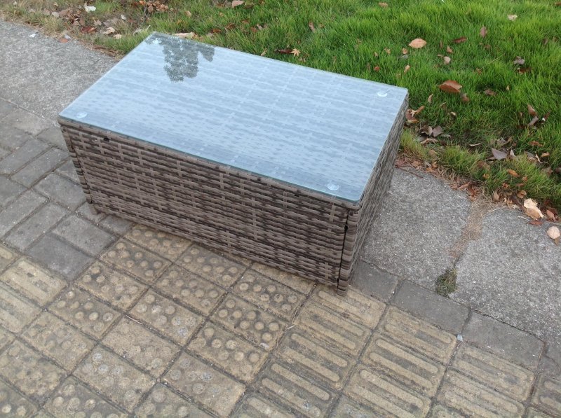 Fimous Rattan Garden Furniture Corner Sofa Set 4 Pieces Outdoor Patio Sofa Chair Table Set with Rectangular Coffee Table Dark Grey Mixed