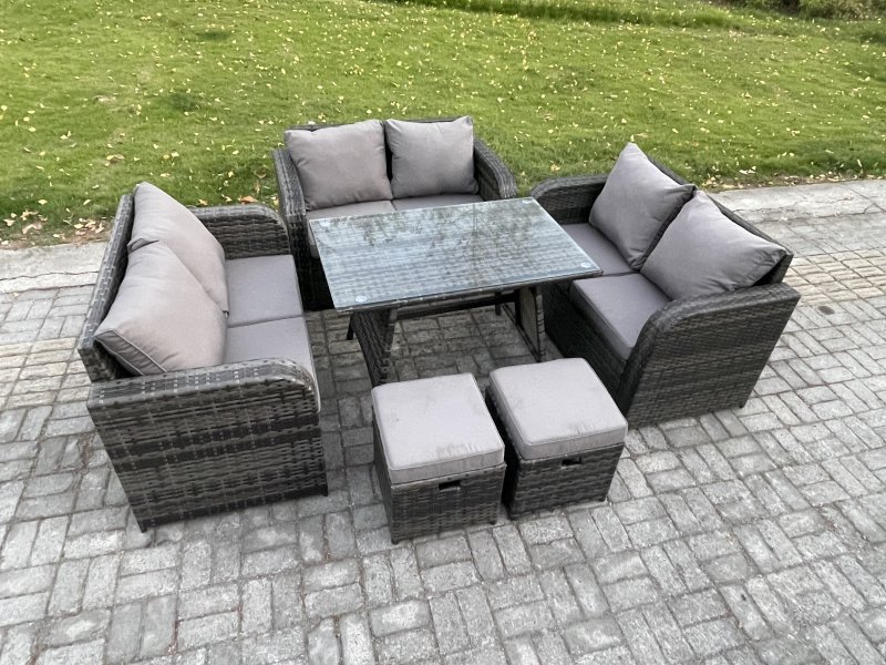Fimous Outdoor Rattan Garden Furniture Set 8 Seater Patio Love Sofa Set with Rectangular Dining Table 2 Small Footstool Dark Grey Mixed