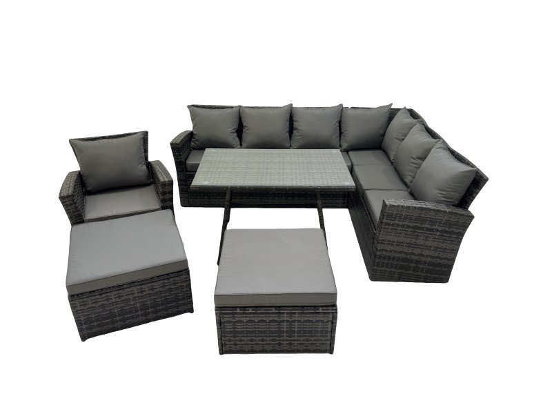 Fimous 9 Seater Garden Outdoor Rattan Furniture Set Rattan Corner Sofa Oblong Dining Table with Armchair 2 Big Footstools Dark Grey