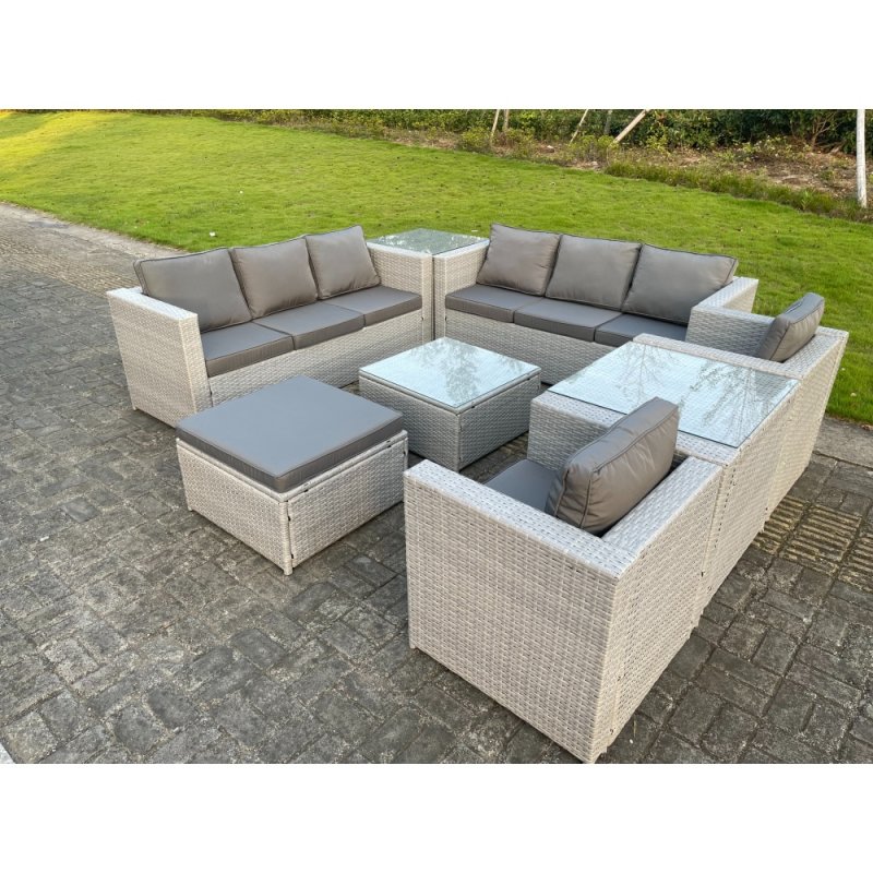 Fimous Light Grey Outdoor PE Rattan Garden Furniture Set Wicker Sofa Set Square Coffee Table 2 Armchair 2 Side Table 9 Seat