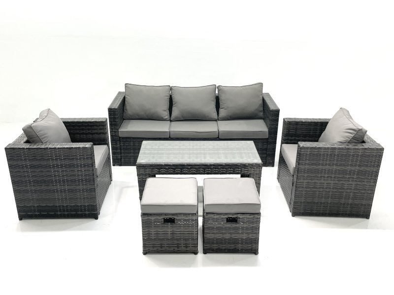 Fimous Rattan Garden Furniture Set Outdoor Lounger Sofa with Coffee Table 2 Armchair 2 Small Footstools Dark Grey Mixed