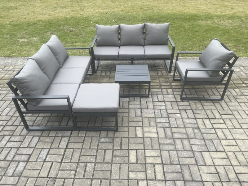 Fimous Aluminium 8 Seater Outdoor Garden Furniture Lounge Sofa Set with Square Coffee Table Chair Big Footstool Dark Grey