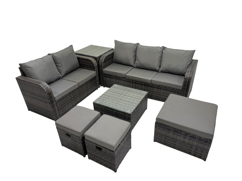 Fimous Wicker PE Rattan Garden Outdoor Furniture Set Love Sofa Square Coffee Table Set with 3 Stools Side Table Dark Grey Mixed