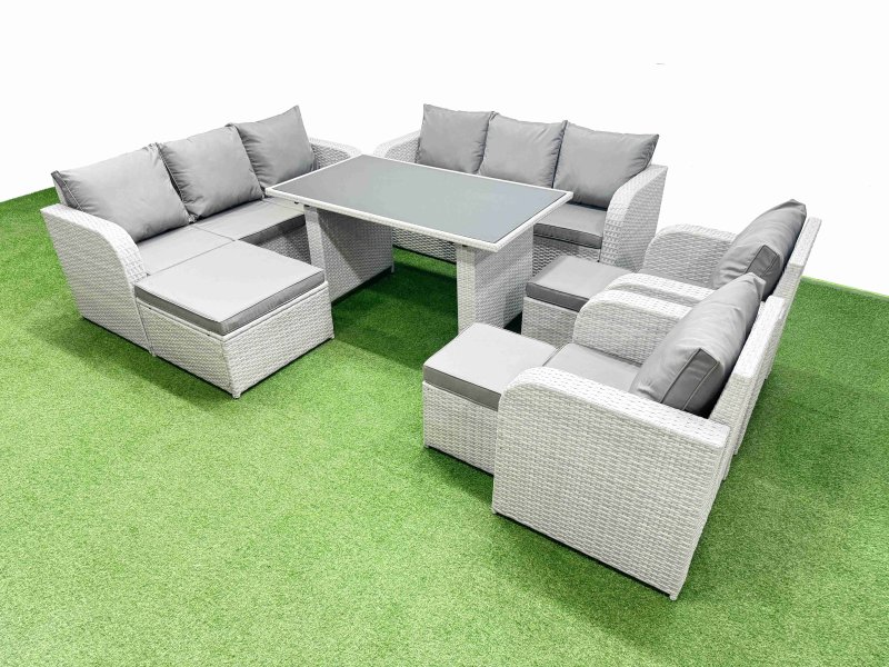 Fimous 11 Seater Wicker PE Rattan Furniture Outdoor Dining Table 3 Seater Sofa Reclining Chair Set with 3 Stools Light Grey