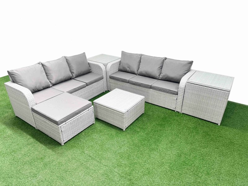 Fimous Outdoor Garden Furniture Sets 7 Seater Wicker Rattan Furniture Sofa Sets with Square Coffee Table high Back Lounge Sofa Big Footstool 2 Side Table Light Grey