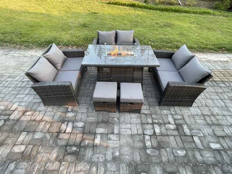 Fimous High Back Rattan Garden Furniture Sofa Sets with Outdoor Furniture Gas Firepit Dining Table Set 2 Small Footstools Dark Grey Mixed