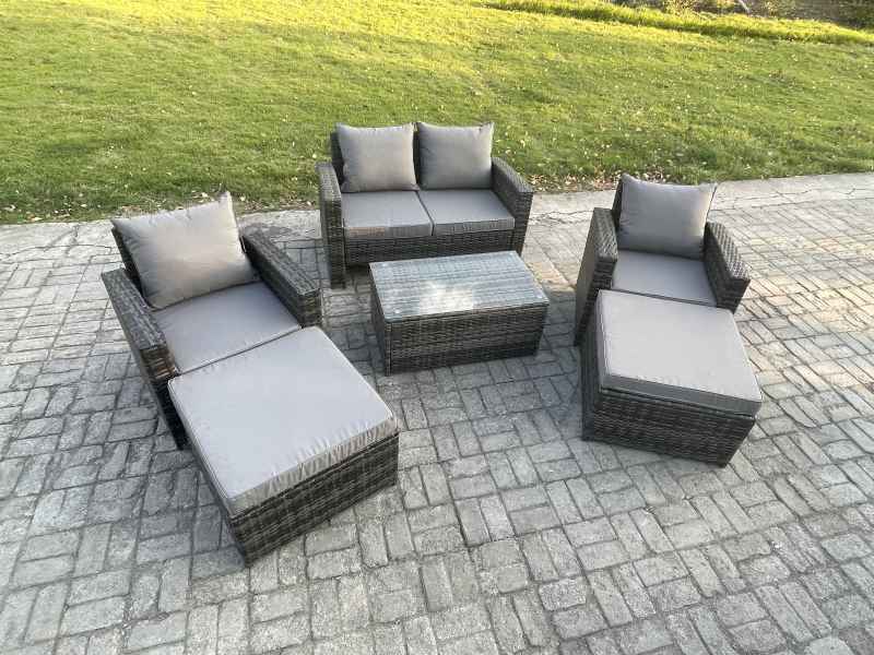 Fimous Outdoor Rattan Garden Furniture Set 6 Seater Patio Lounge Sofa Set with Coffee Table 2 Big Footstool Dark Grey Mixed