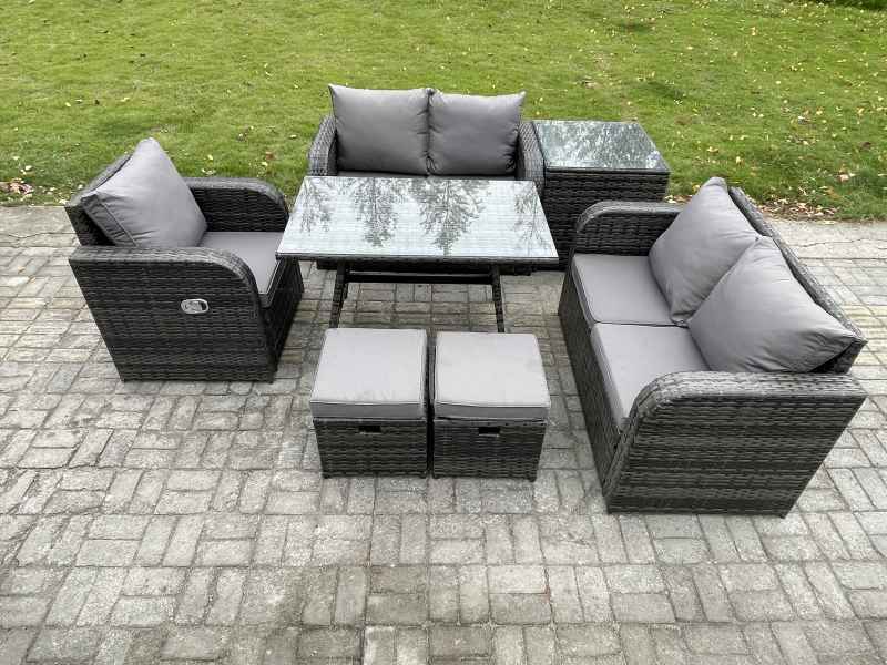 Fimous 7 Pieces Outdoor Garden Dining Sets Rattan Furniture With Dining Table Armchairs Love Sofa Side Table 2 Small Footstools Dark Grey Mixed
