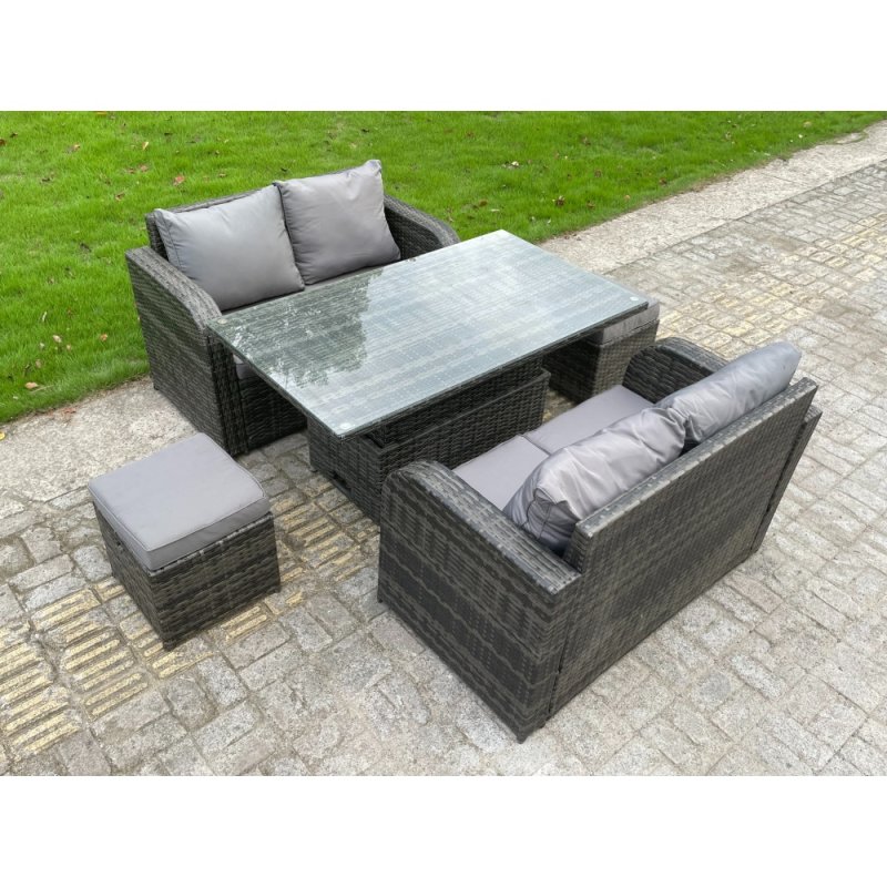 Fimous PE Rattan Garden Furniture Sofa Set Dining Table Height Adjustable Rising lifting Table Two Seater Double Love Sofa