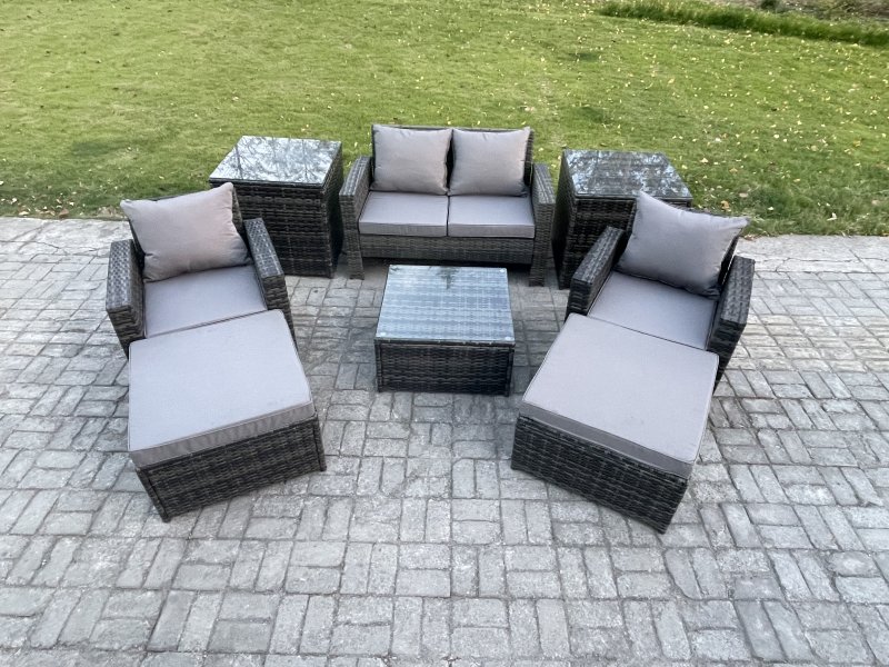 Fimous Rattan Wicker Garden Furniture 6 Seater Patio Conservatory Sofa Set with Square Coffee Table Armchair 2 Seater Sofa 2 Big Footstool 2 Side Tables