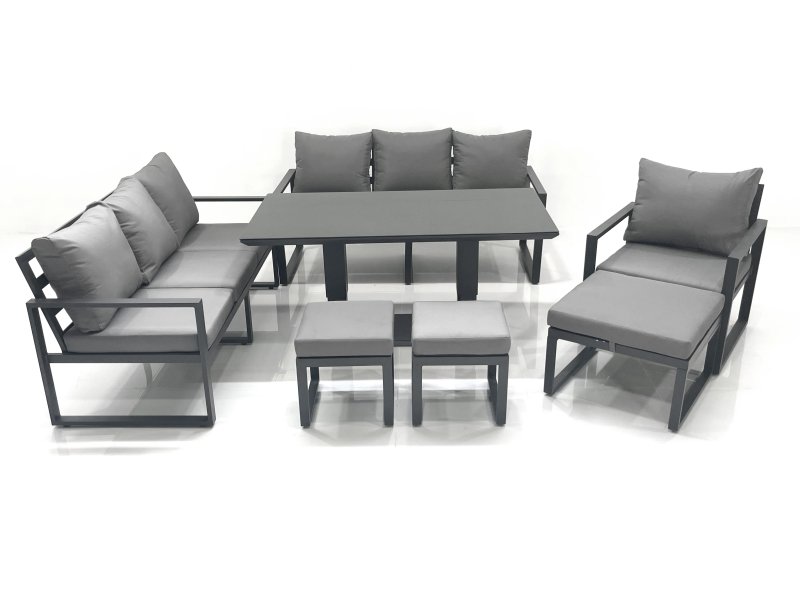 Fimous Outdoor Garden Furniture Set Aluminium Lounge Sofa Adjustable Rising Lifting Dining Table Sets with 3 Footstools Dark Grey