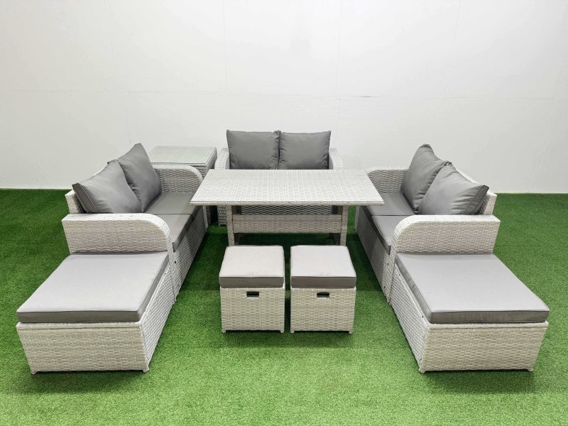 Fimous PE Rattan Lounge Sofa Set 10 Seater Outdoor Garden Furniture Set with Dining Table Love Sofa 2 Big Footstools 2 Small Stool Side Table Light Grey