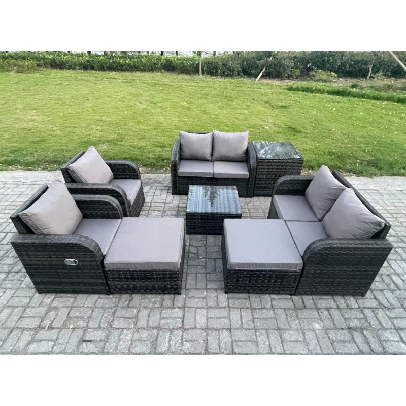 Fimous Garden Furniture Set Rattan Outdoor Lounge Sofa Chair With Tempered Glass Table 2 Big Footstool Side Table Dark Grey Mixed