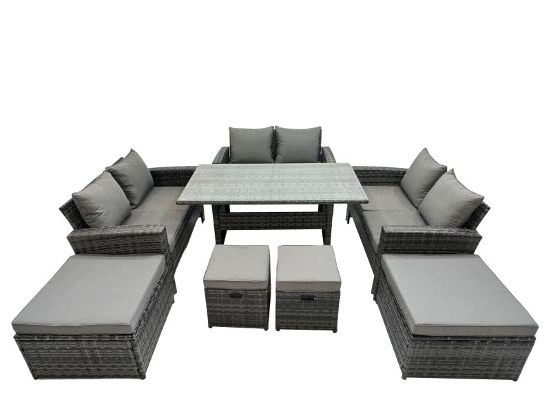 Fimous 10 Seater Wicker PE Rattan Furniture Outdoor Dining Table Double Seat Sofa 4 Stools Set Dark Grey Mixed
