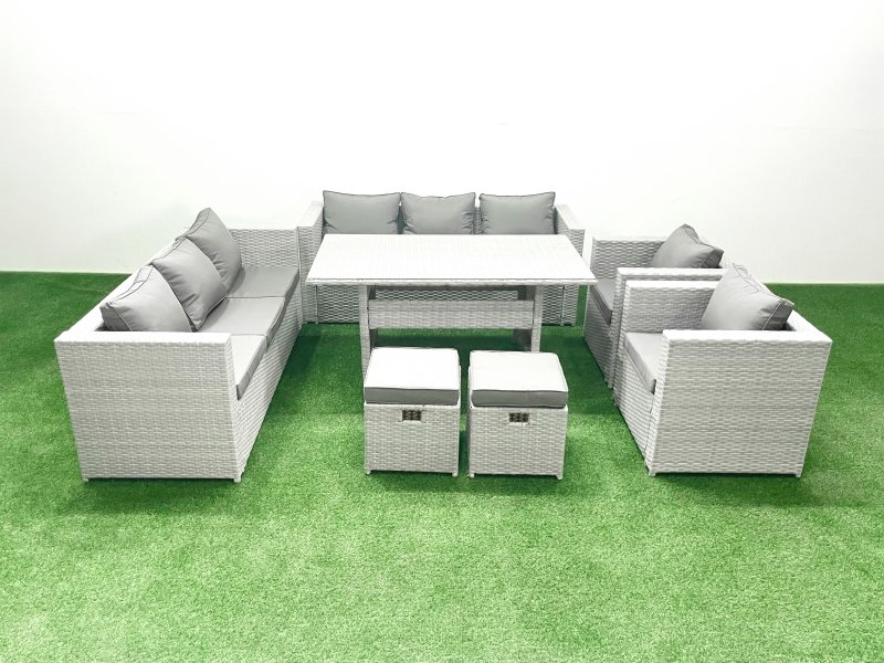 Fimous Rattan Garden Furniture Set Outdoor 8 Seater Patio Dinin g Sofa Sets with Dining Table 2 Chairs 2 Small Footstools Light Grey Mixed