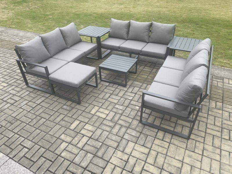 Fimous Aluminium 10 Seater Outdoor Garden Furniture Set Patio Lounge Sofa with Square Coffee Table 2 Side Tables Big Footstool Conservatory Set Dark Grey