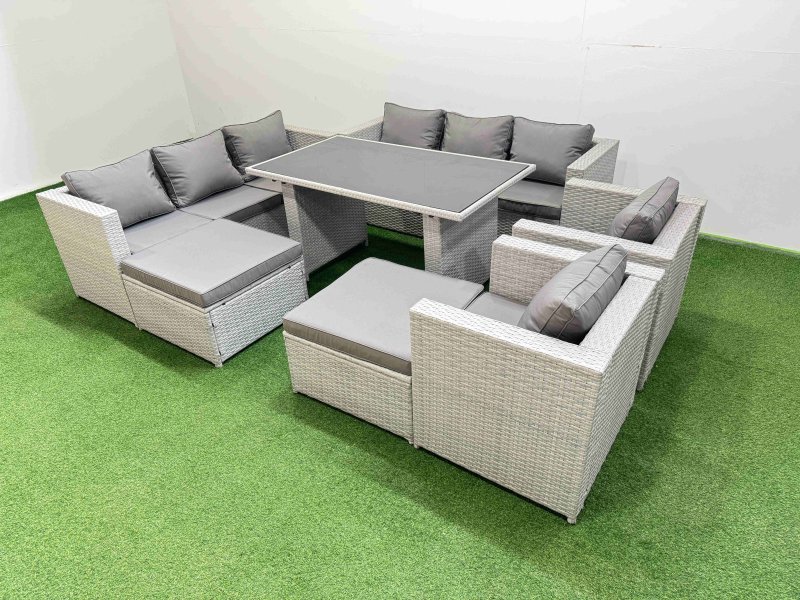 Fimous 10 Seater Wicker PE Rattan Furniture Outdoor Dining Table 3 Seater Sofa Armchair Set with 2 Big Stools Light Grey