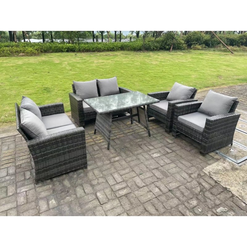 Fimous 6 Seater Outdoor Dark Grey Mixed High Back Rattan Sofa Dining Table Set Garden Furniture