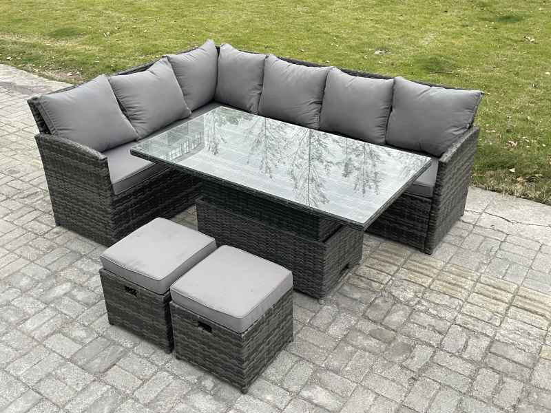 Fimous Wicker PE Outdoor Rattan Garden Furniture Set Height Adjustable Rising Lifting Table Sofa Dining Set with 2 Small Footstools Dark Grey Mixed