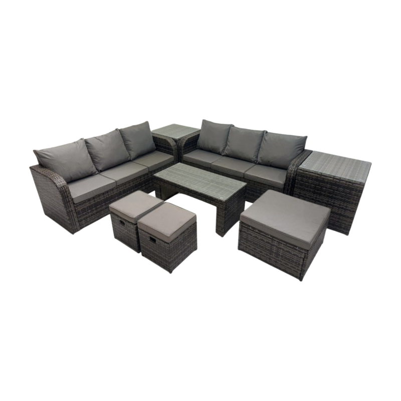 Fimous Rattan Garden Outdoor Furniture Set 3 Seater Sofa Coffee Table with 3 Footstools 2 Side Tables Dark Grey Mixed